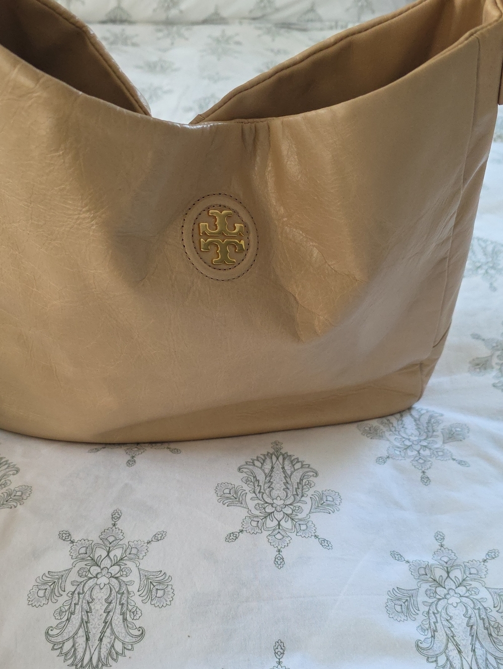 Tory Burch Beige Leather Shoulder Hobo with Gold Logo
